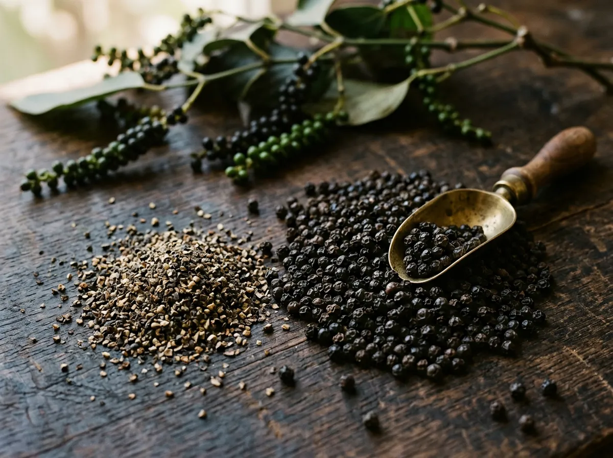 Whole black peppercorns heaped beside a coarse-cracked sample on dark wood